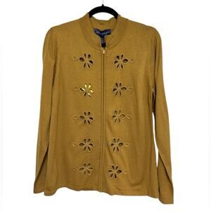 NWT Susan Graver Style Full Zip Cardigan in Marigold Floral Cutout - Size M